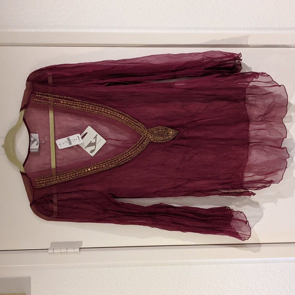 NWT $220 Y London Burgundy Sheer Chiffon Tunic Gold Metal Sequin Beaded Blouse